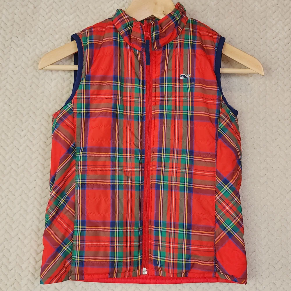 Vineyard Vines Red Plaid Reversible Kids Puffer Vest Girls‎ Size Small 7-8
